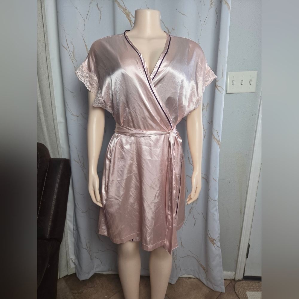 Morgan Taylor Satin Wrap Robe in Dusty Rose with Contrast Trim